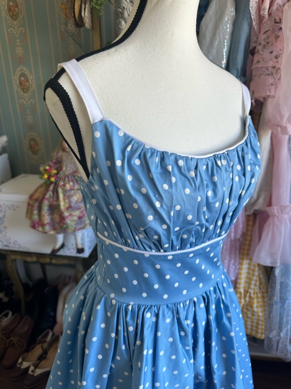 Vixen by Micheline Pitt Blue Polka Dot Fit-and-Flare Dress - Picture 3 of 7